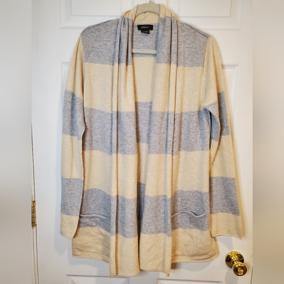Pure Amici Cashmere Long Open-Front Cardigan Gray Cream Wide Stripe Womens Large - Picture 2 of 6